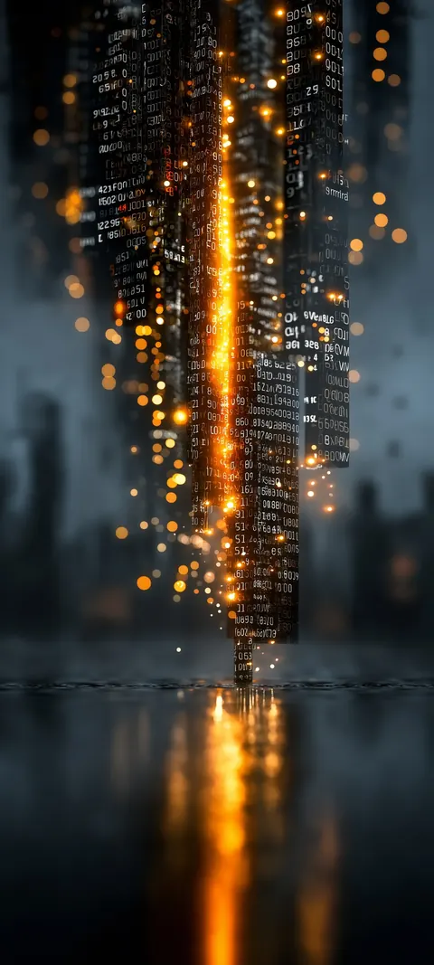 A vertical AI construct of glowing code rises through darkness — sharp neon architecture for mobile lock screens.