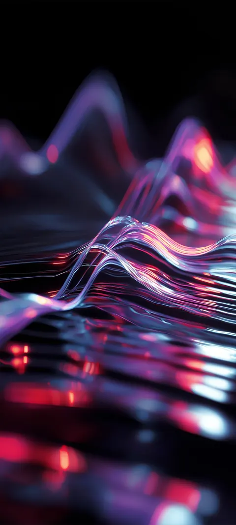 Abstract audio-signal curves glow through a dark phone mockup — rhythmic neon motion with open space for icons.