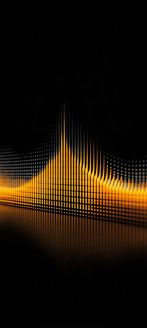 Warm amber equalizer bars on a reflective dark plane — electronic energy without clutter.