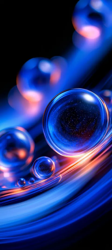Glassy blue bubbles float along a sweeping blue curve with warm orange highlights.
