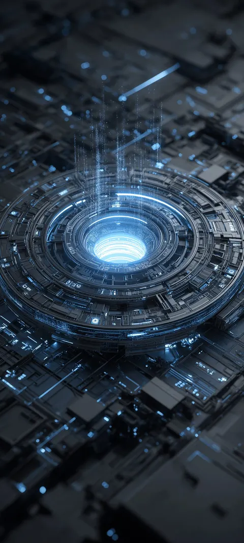 Concentric rings, tick marks, and vertical strands — a quiet instrument for time.