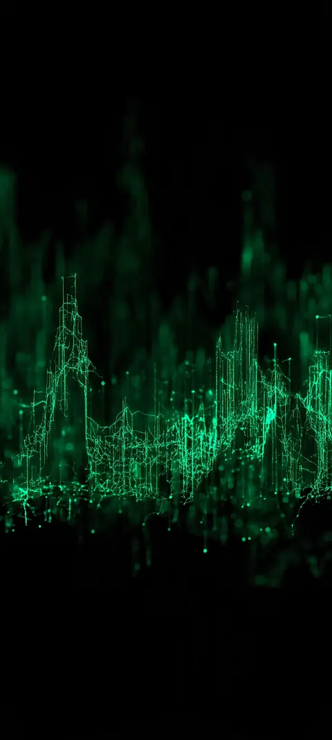 A mid-band lattice of luminous green nodes and jagged vertical towers — matrix skyline with lock-screen space above and below.