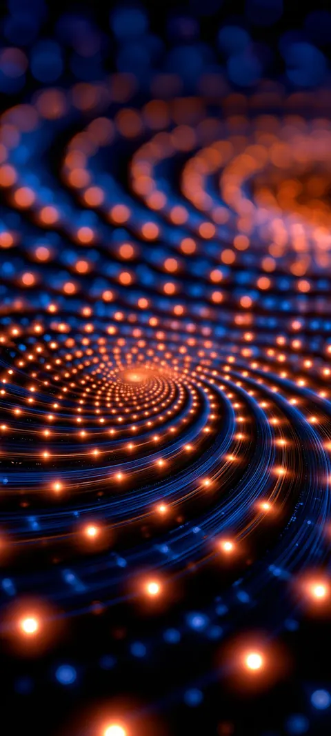 A spiral of amber nodes rides thin blue filaments into soft bokeh, like a data trail curling into the dark.