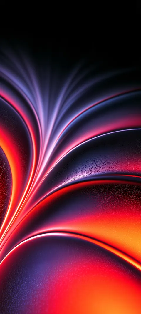 Sweeping ribbons of neon red and orange fan across a dark violet field, with a fine grain along the bright edges.