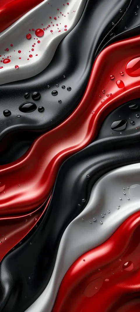 Glossy red, black and silver waves flow with beaded droplets — high-gloss liquid metal energy for your lock screen.
