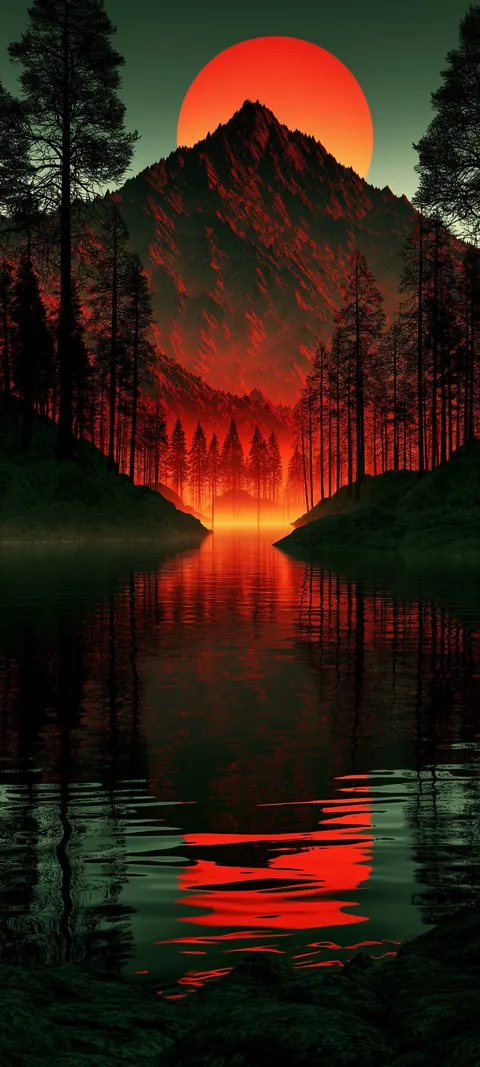 A still lake catches a deep crimson sunset, with dark shoreline and open color fading into the sky.