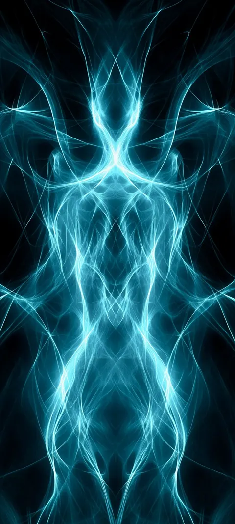 Wispy cyan light strands form a mirrored, ghostly shape on black.