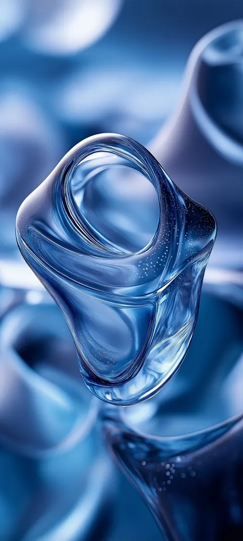 Transparent cyan glass ribbons twist into a spiral core — crisp mobile geometry with breathing space for icons.