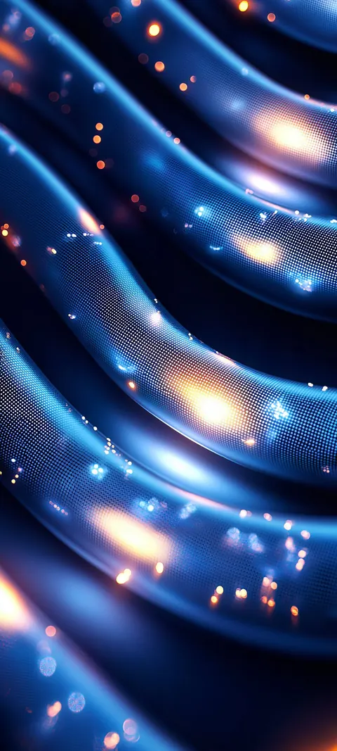 Curved conduit grooves glow cyan against deep indigo, speckled with amber sparks — fluid energy with soft bokeh highlights.