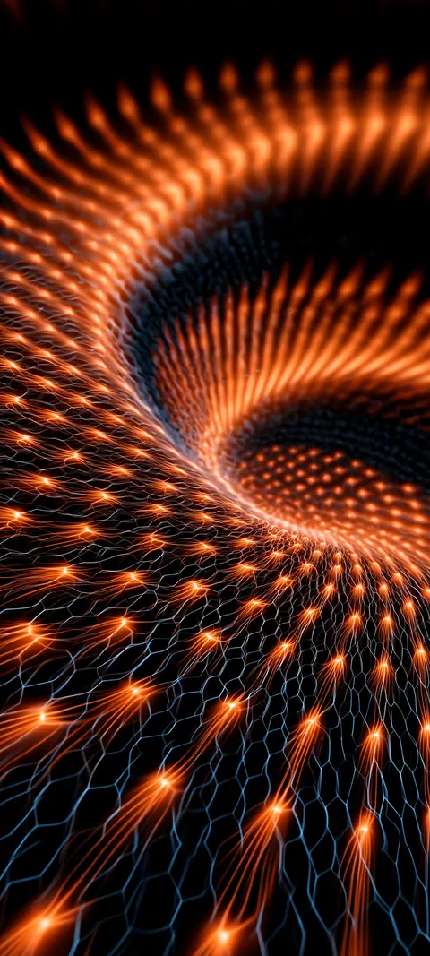 Perspective grid of light rising toward a soft luminous portal.