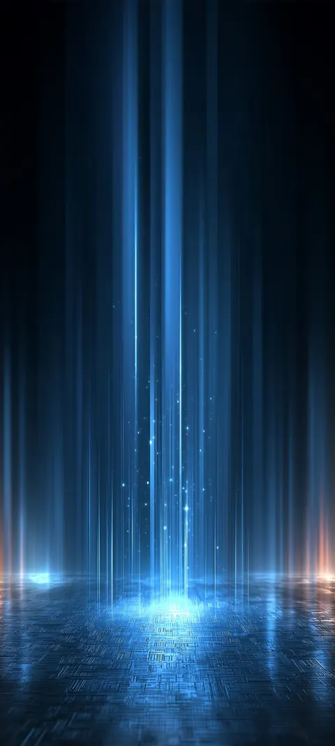 Vertical neon-cyan data streams rising from a reflective microchip plane — clean dark-mode tech for lock screens.