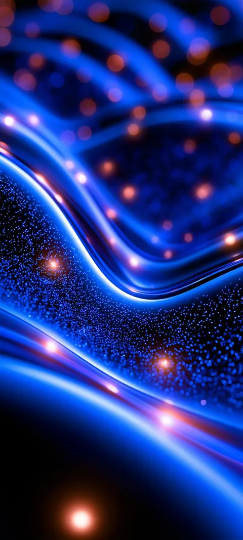 Layered electric-blue waves of light with scattered glowing particles and orange sparks.