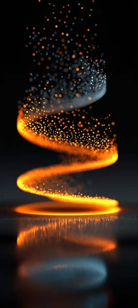 A glowing ember spiral coils through deep shadow — soft motion and warm accents without crowding icons.