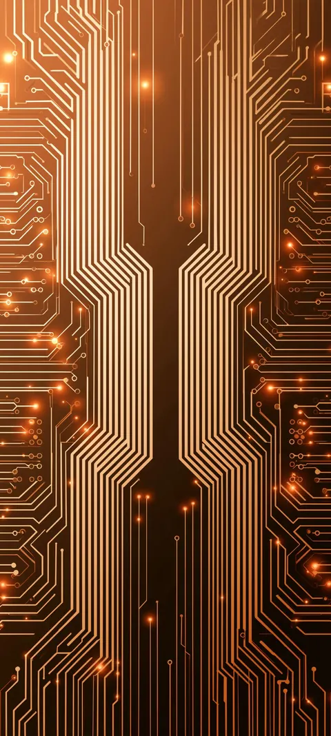 Symmetrical copper traces and nodes — warm tech geometry for a quiet lock screen.