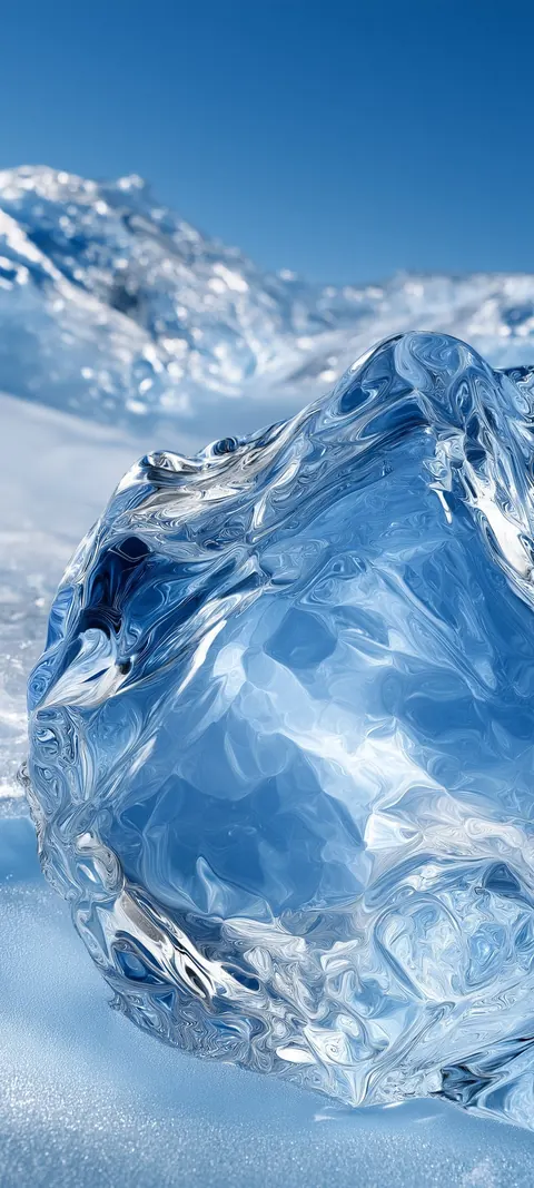 A massive block of glacier ice catches the daylight, every facet glowing pale blue.