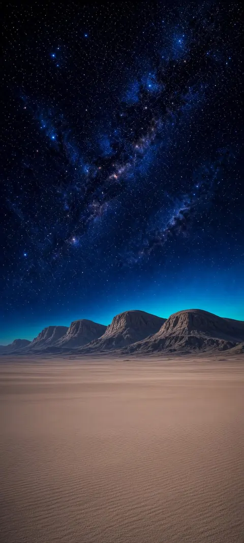 The Milky Way arcs over silent desert mesas, glowing blue at the edge of a vast, starlit night.
