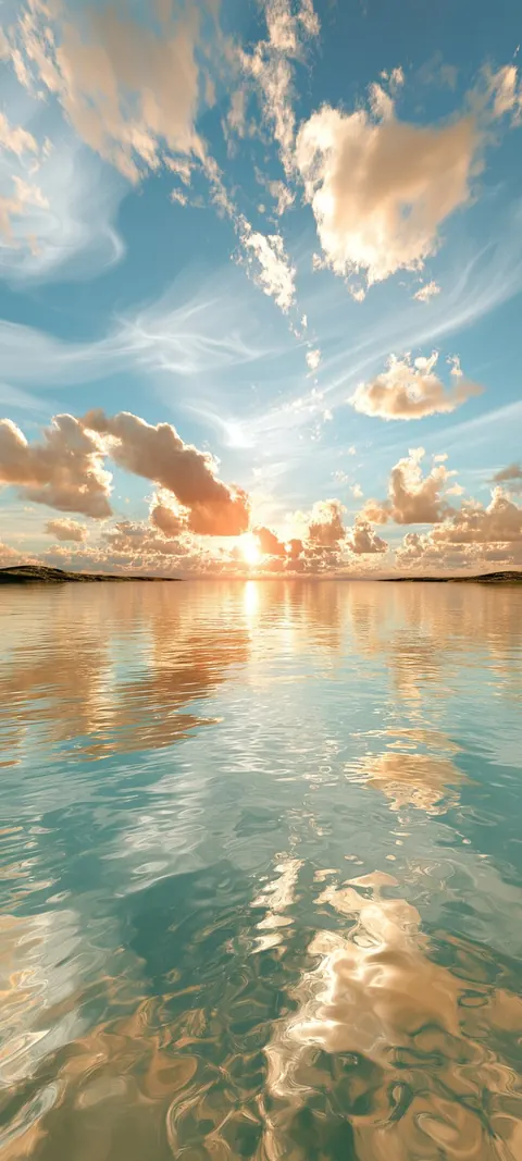 Sunset clouds glow gold above calm water that mirrors the whole sky back to itself.