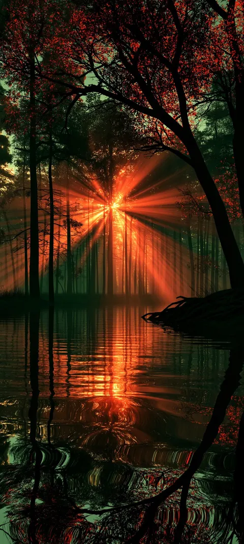 Golden trees and warm light reflect across still water, with a quiet sky held open for the clock.