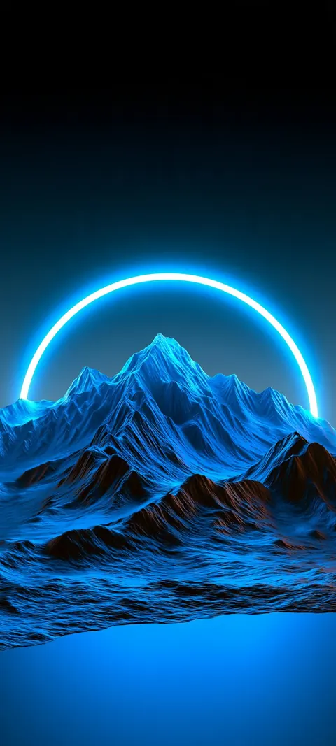 A jagged blue mountain peak sits under a glowing neon ring, with rippled blue ground below and open dark sky above.