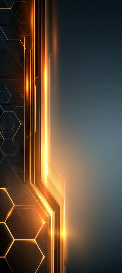 Glowing hex panels and circuit rails against cool haze — techno edge with room to breathe.