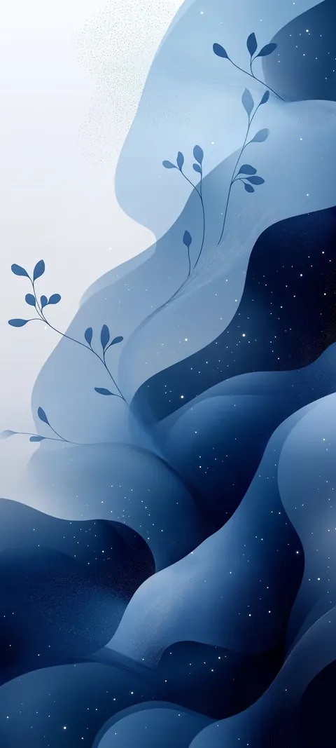 Silken indigo folds carry delicate branch silhouettes across a cool lock-screen field — soft depth with open space for icons.
