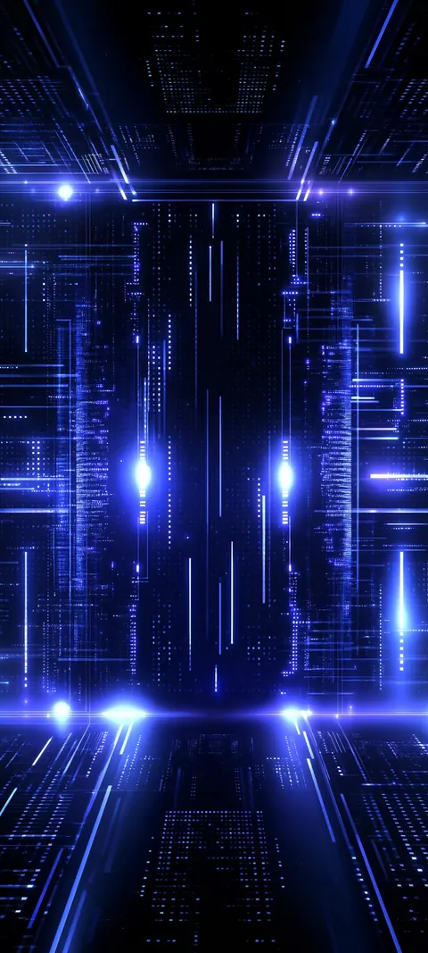 A symmetrical indigo corridor of glowing data lines and light panels, seen straight on.
