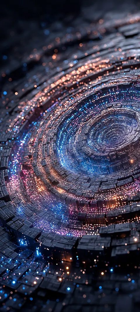 Interlocking black planes rotate inside concentric rings of light — a bold orbital abstract with open icon space.