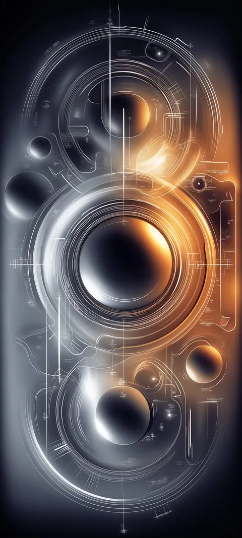 Layered kinetic halos circle a precise diagram core — modern tech texture sized for tall lock screens.