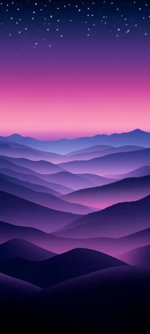 Layered violet mountain ridges roll toward a pink horizon beneath early stars — calm gradient depth with sky space for the clock.