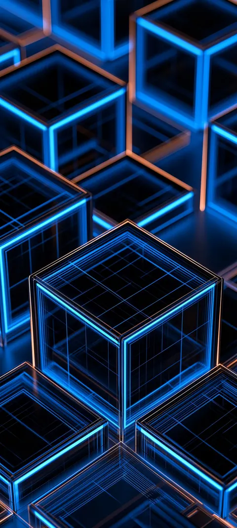 Illuminated geometric cubes hover in darkness with cool edge light — clean futuristic tech for lock-screen icons.