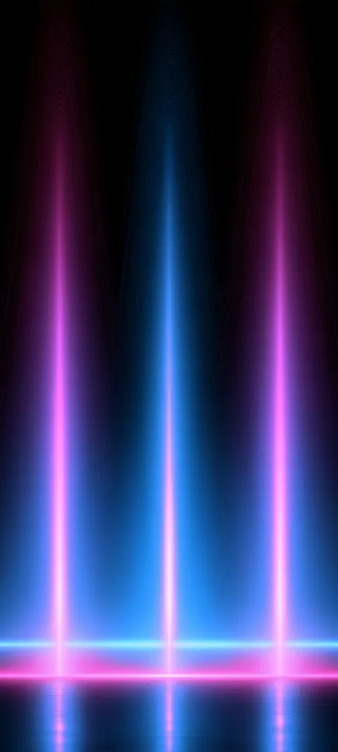 A cyan core flanked by magenta beams over a reflective floor glow — clean triad geometry for quiet lock screens.