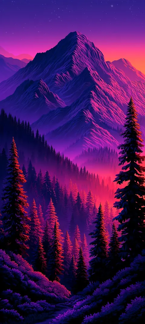 Layered mountain peaks fade into a magenta twilight sky, soft ridges with open color above.
