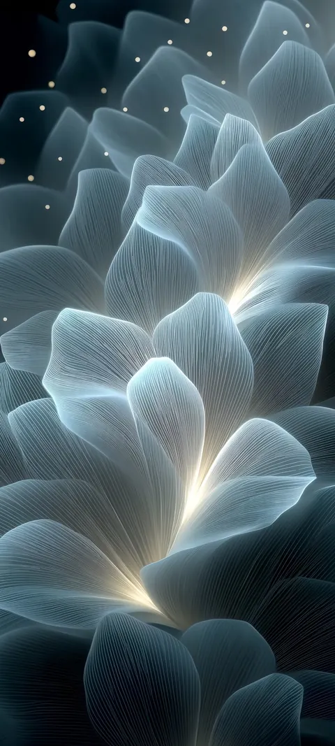 Petal-soft mist drifts across a cool cascade field — a calm lock-screen bloom with open room for icons.