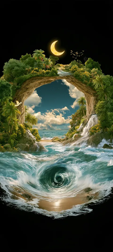 A living ring of moss and vines frames a swirling ocean wave beneath a golden crescent moon.