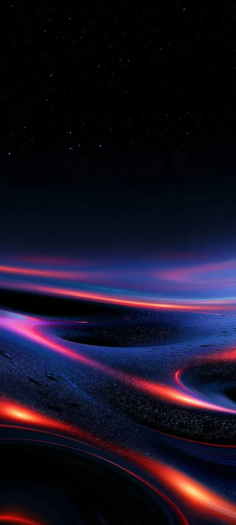 Hot coral and electric-blue light currents curl across a dark cosmic shoreline under a field of stars — deep lock-screen glow with open sky for the clock.
