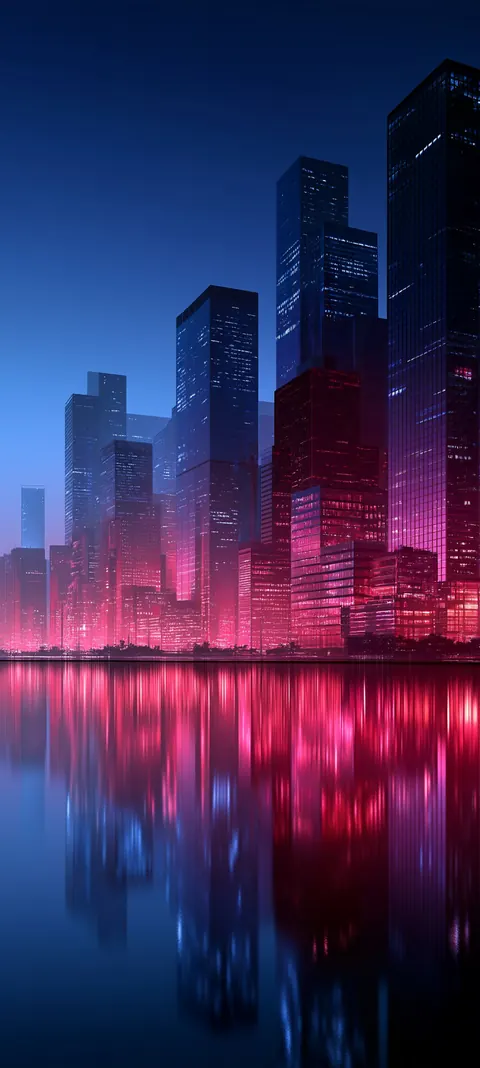 A dark upper night sky over neon-pink towers and their long water reflection — cinematic city calm for lock screens.
