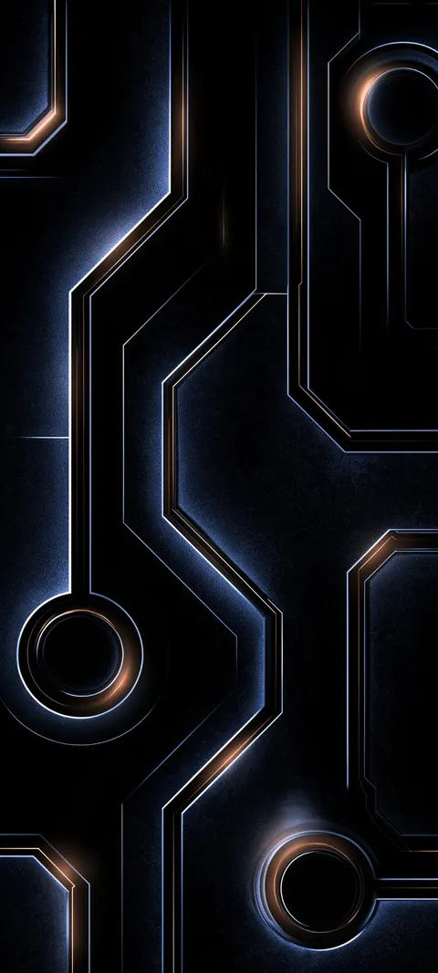 Recessed circuit traces and round nodes glow blue and copper across a dark textured board.