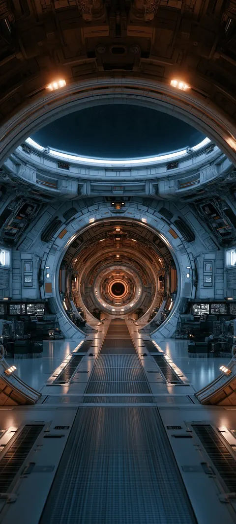 A gleaming starship corridor opens through ring after ring of steel toward a bright docking gate.