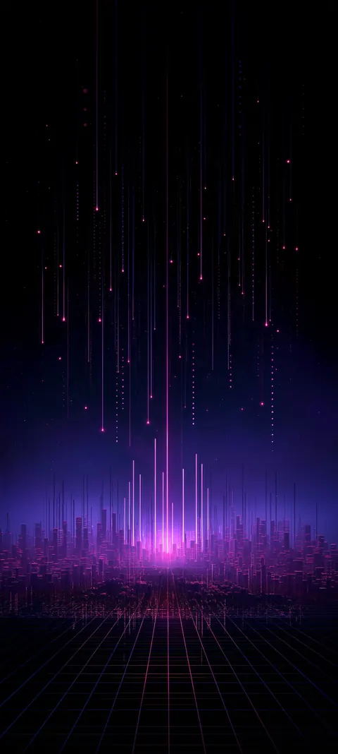 Neon metropolis under digital rain — purple towers, falling signal particles, and a quiet floor grid.