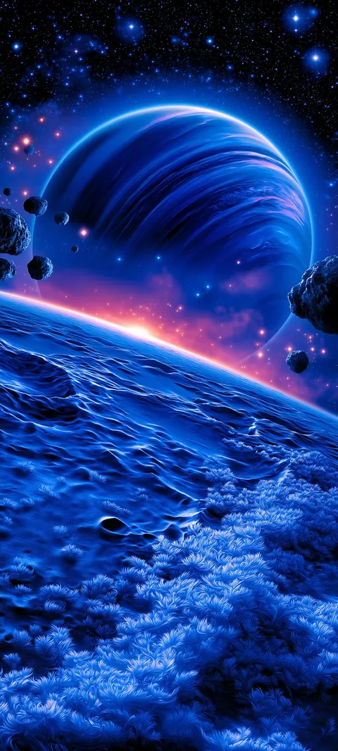 A blue ringed giant hangs over a jagged icy surface as a bright sun peeks the horizon.