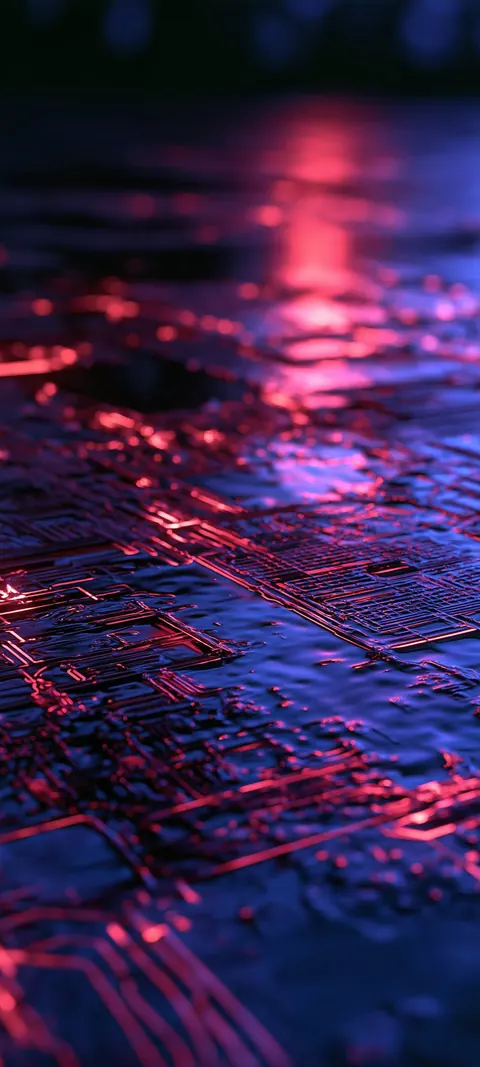 Fine scarlet streaks fall and mirror across a dark reflective plane, like rain caught in red light.