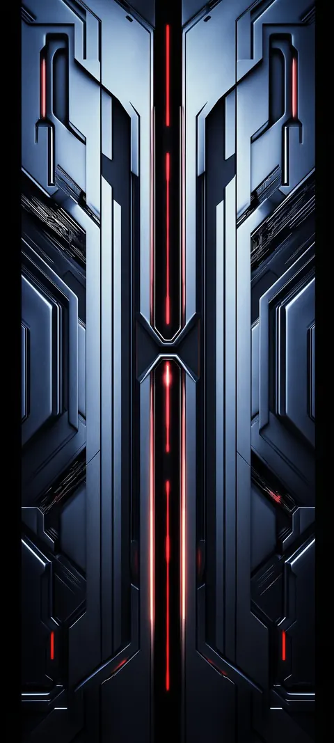 A symmetrical steel-gray sci-fi structure with a glowing red line running down its center.