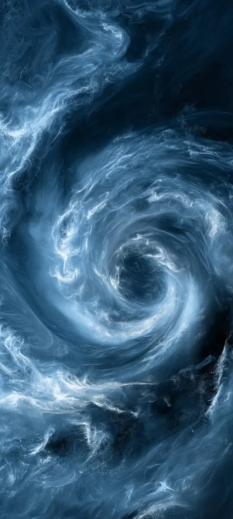 A frosted blue storm coils into a soft spiral eye, calm at the center and wild at the edges.