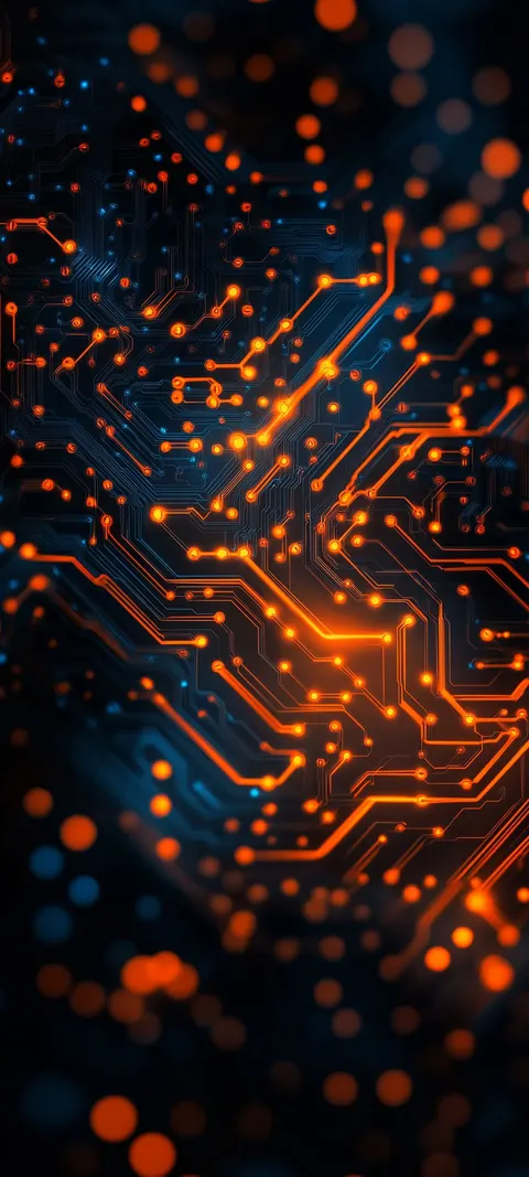 Orange circuit traces and dots branch across a dark navy background like a glowing circuit board.