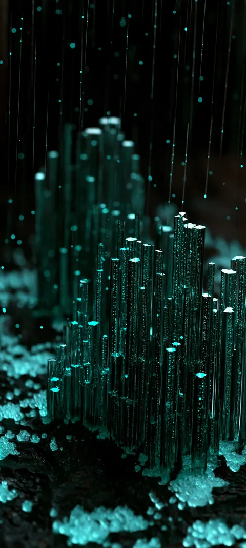 Vertical teal beams lift from a matte black salt plain into open sky — stark minimal drama for OLED lock screens.