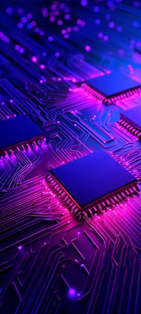 Rows of chips and glowing traces fill a circuit board drenched in ultraviolet and magenta light.
